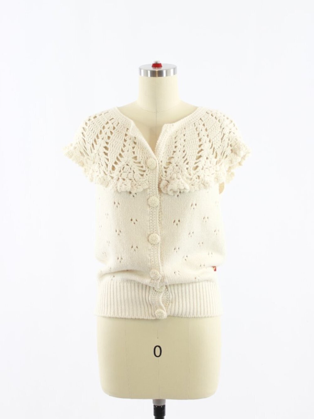 FIORUCCI Ivory White Cotton Crochet Knit Short Sleeve Cardigan Sweater, Size S